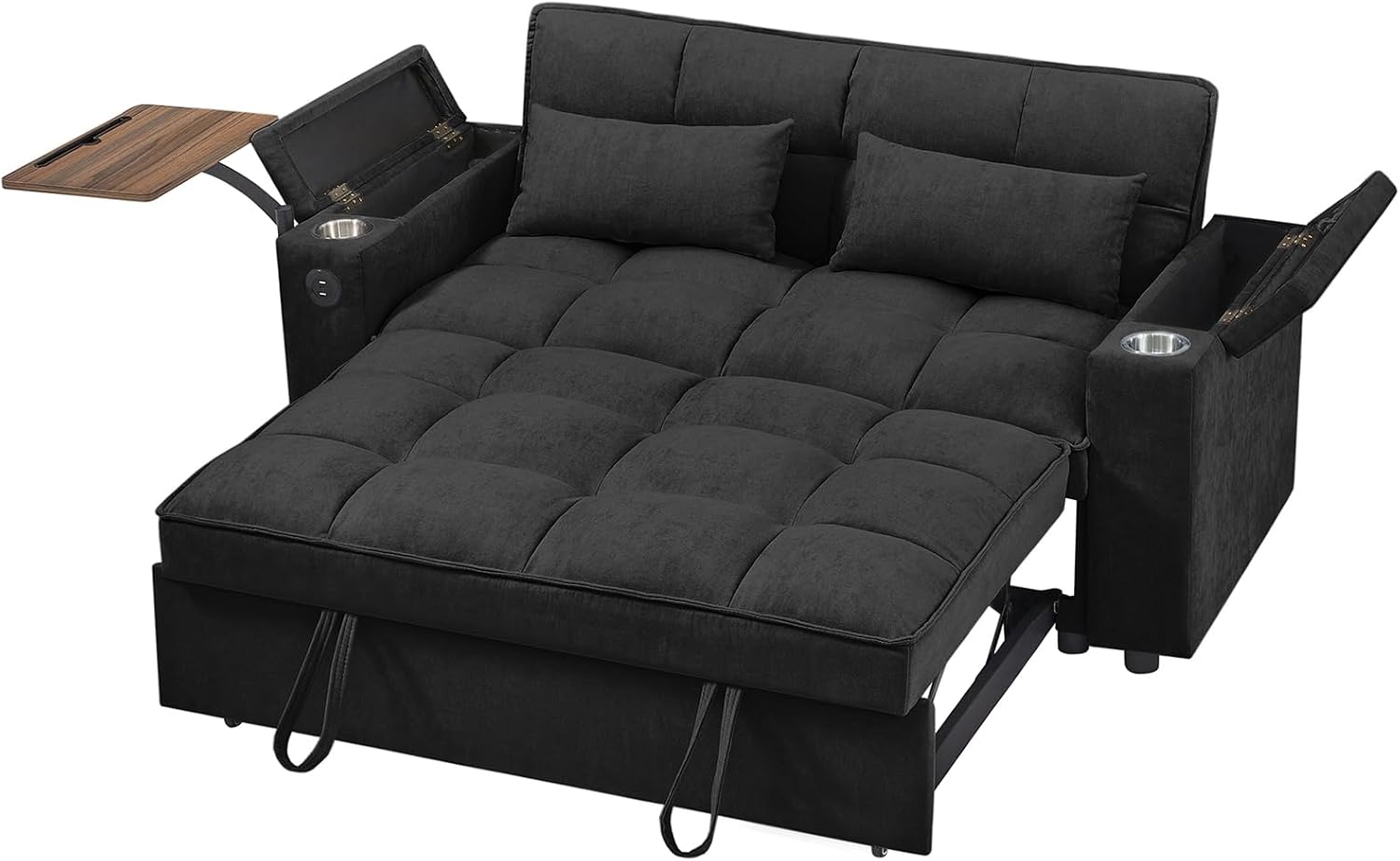 hansones 65'' 3-in-1 Folding Convertible Sofa Bed, Pullout Sofa, Modern Chenille Fabric, 360° Swivel Side Table, Easy Assembly, Perfect for Living Room, Black