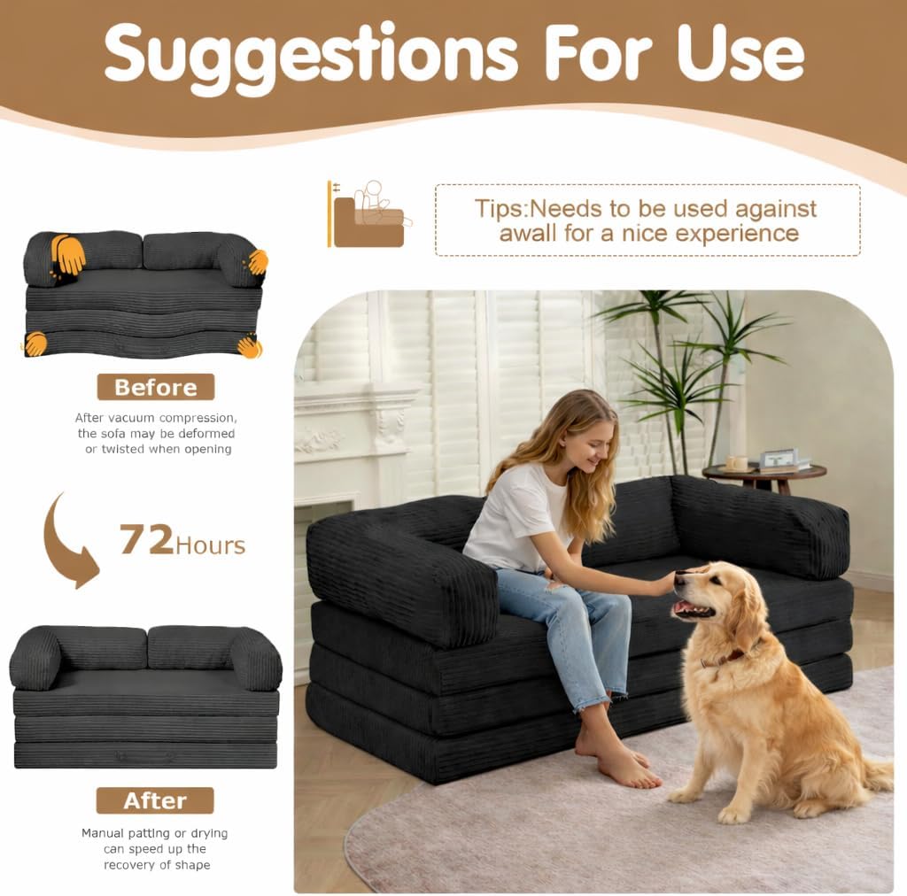 Convertible Sofa Bed Queen,5-in-1 Tri-Fold Boneless Couch with Removable Armrests & Handle,Corduroy Futon Sleeper Sofa,Floor Folding Mattress Pull Out Bed for Small Space Living Room Bedroom,Black