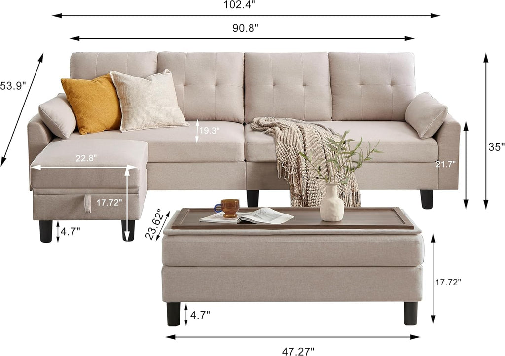102' L-Shape Sofa Couch, Couch with Ottoman Coffee Table, 4 Seat Modern Sofa with Removable Cover for Apartment and Living Room, Beige