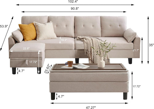 102' L-Shape Sofa Couch, Couch with Ottoman Coffee Table, 4 Seat Modern Sofa with Removable Cover for Apartment and Living Room, Beige