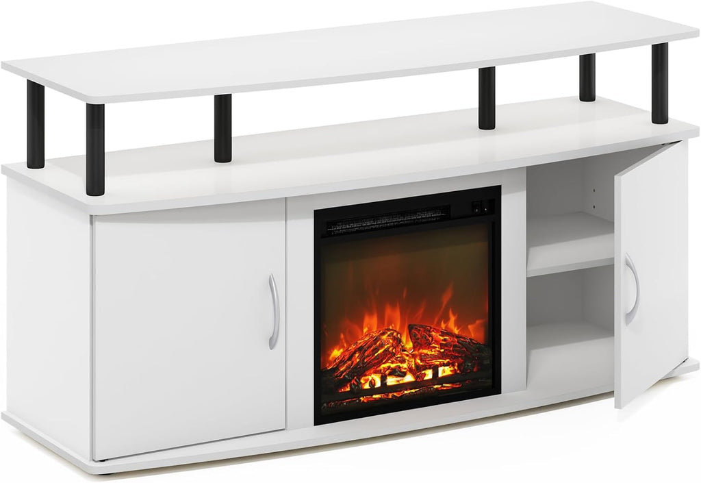 Furinno Jensen TV Stand, Entertainment Center, TV Console for TV up to 55 Inch with Fireplace and Open Shelf, Storage Cabinet, for Living Room, Bedroom, Plain White