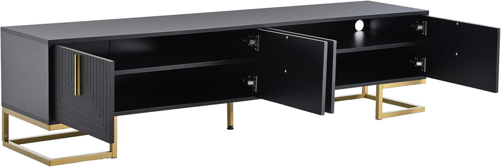 Merax Modern TV Stand with Metal Legs, Gold Handles, Geometric Lines and Adjustable Shelves for TVs Up to 80'', Media Console Table, Luxury Storage Cabinets for Living Room, Black