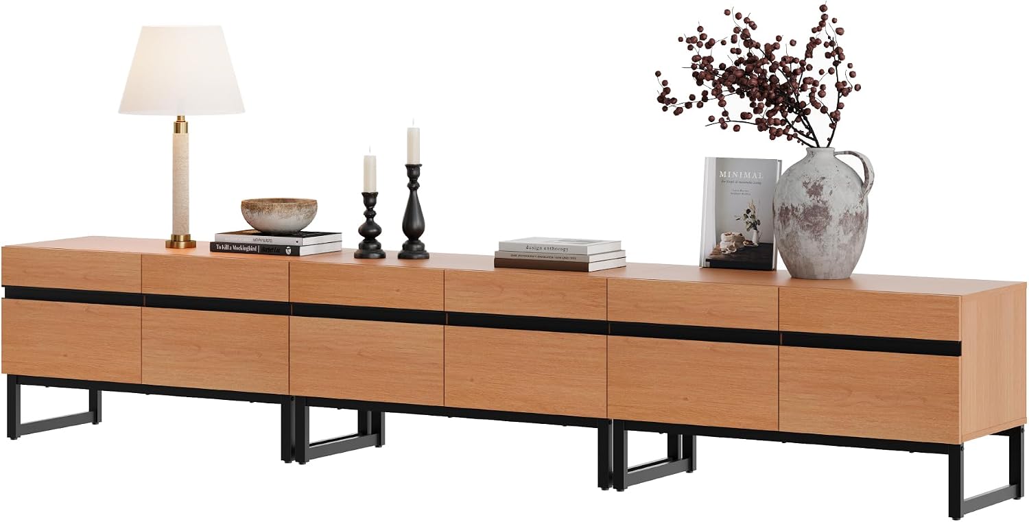 WAMPAT Modern TV Stand for 32-110 Inch TVs, Wood Entertainment Center with Metal Base Storage Cabinets, Media TV Console for Living Room, Mocha, 3Pcs