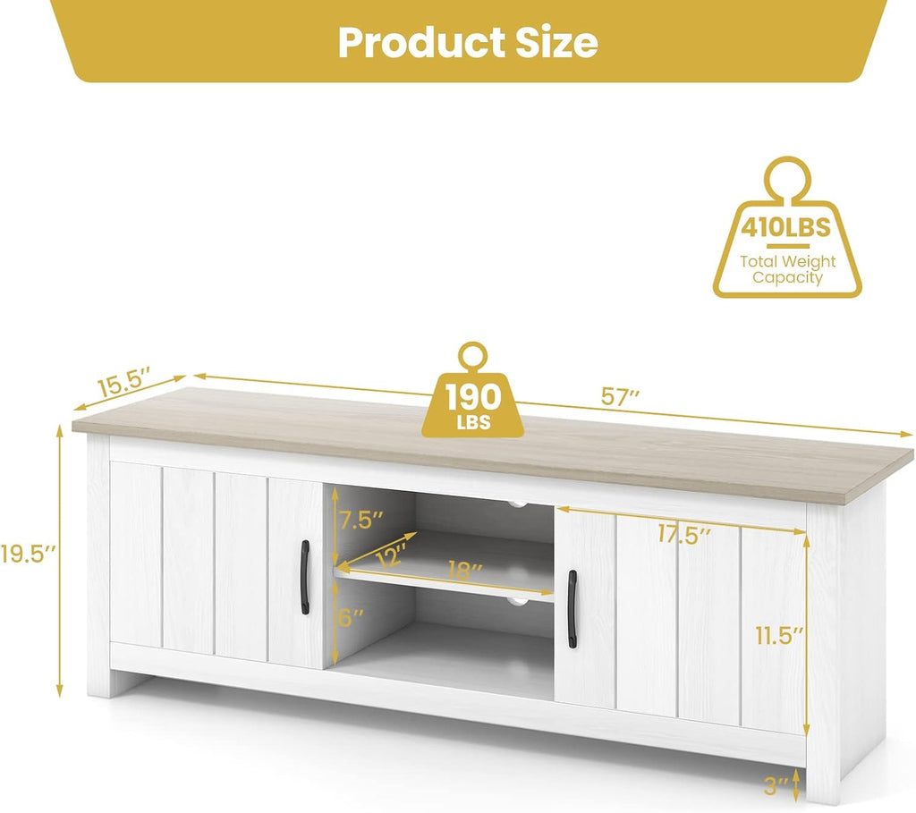 Tangkula 2 Doors TV Stand for TVs up to 65', 57' Media Console Table w/ 2 Cabinets & Open Shelves, 2 Cable Management Holes. Wood Entertainment Center Cabinet for Living Room (White Oak)