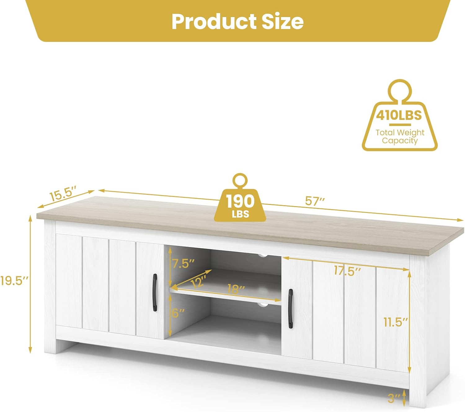 Tangkula 2 Doors TV Stand for TVs up to 65', 57' Media Console Table w/ 2 Cabinets & Open Shelves, 2 Cable Management Holes. Wood Entertainment Center Cabinet for Living Room (White Oak)
