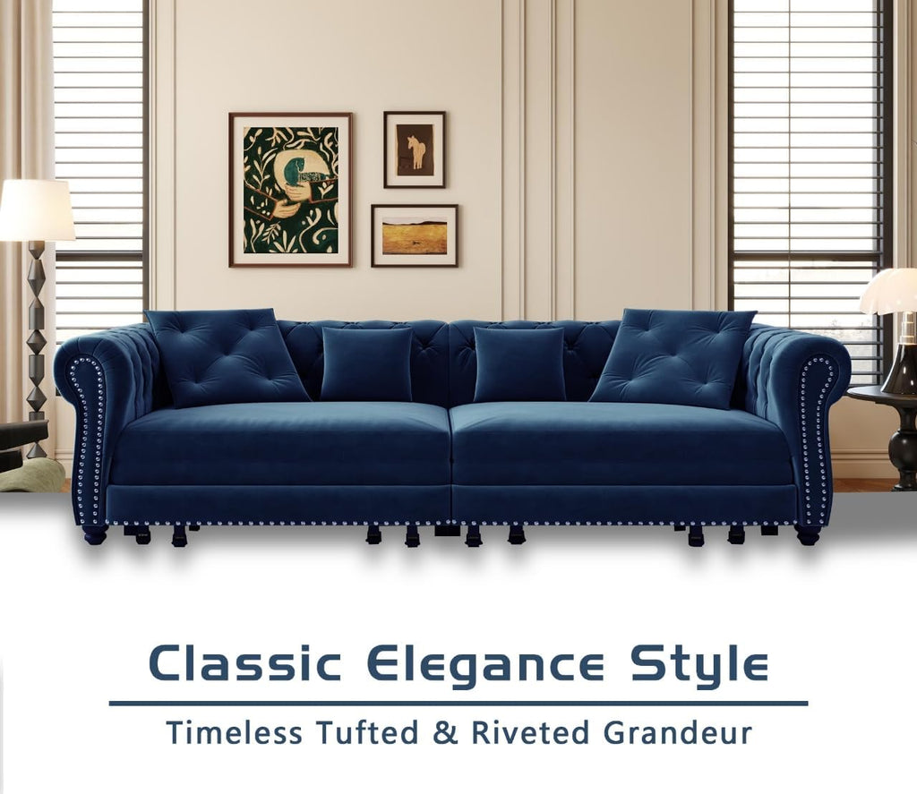 89' King Pull Out Sofa Bed, Velvet Chesterfield Sleeper Sofa Couch, 3 in 1 Convertible Tufted Futon Couches with Ottoman for Living Room, Small Space, Apartment, Office, Bedroom, Blue