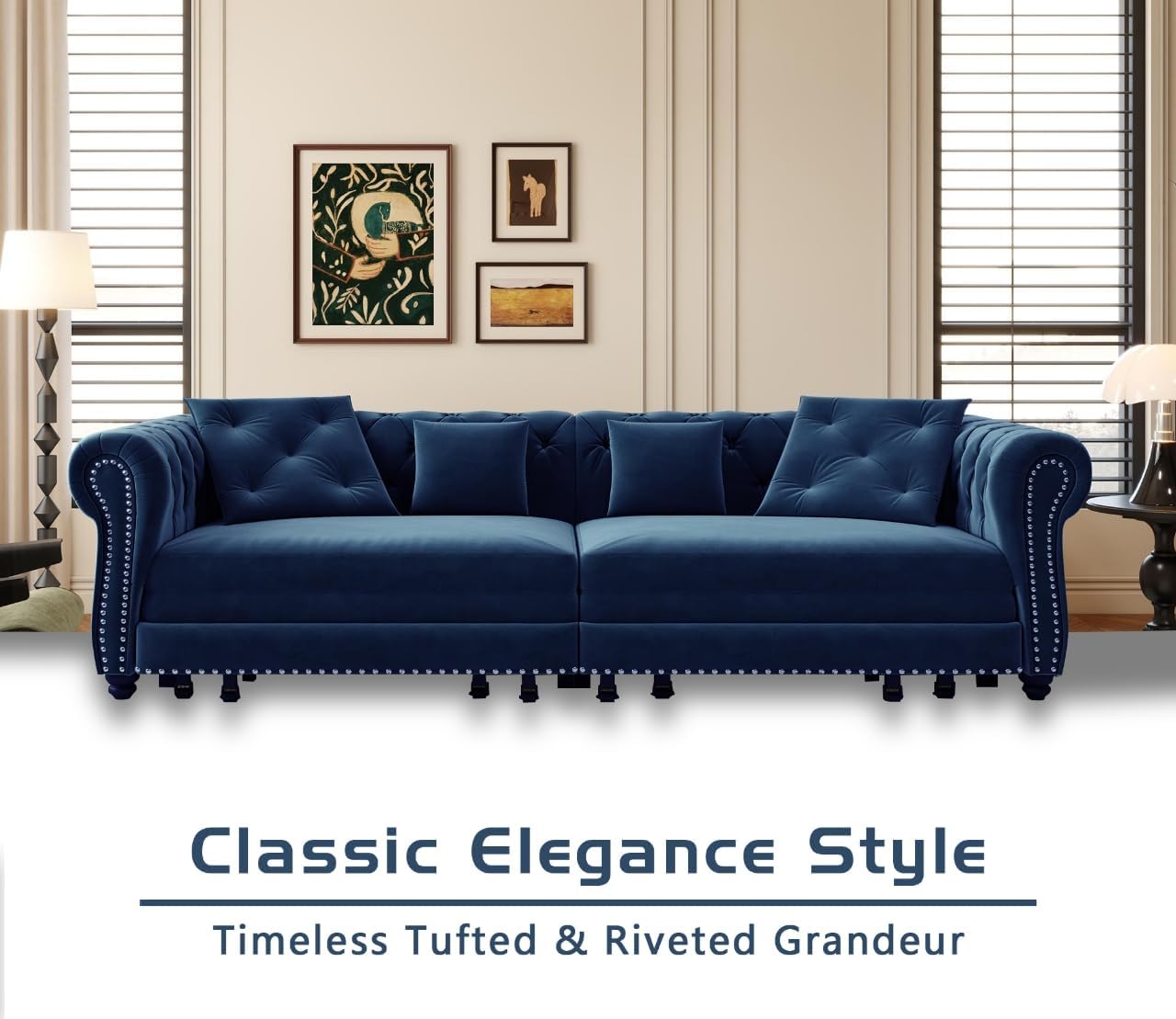 89' King Pull Out Sofa Bed, Velvet Chesterfield Sleeper Sofa Couch, 3 in 1 Convertible Tufted Futon Couches with Ottoman for Living Room, Small Space, Apartment, Office, Bedroom, Blue