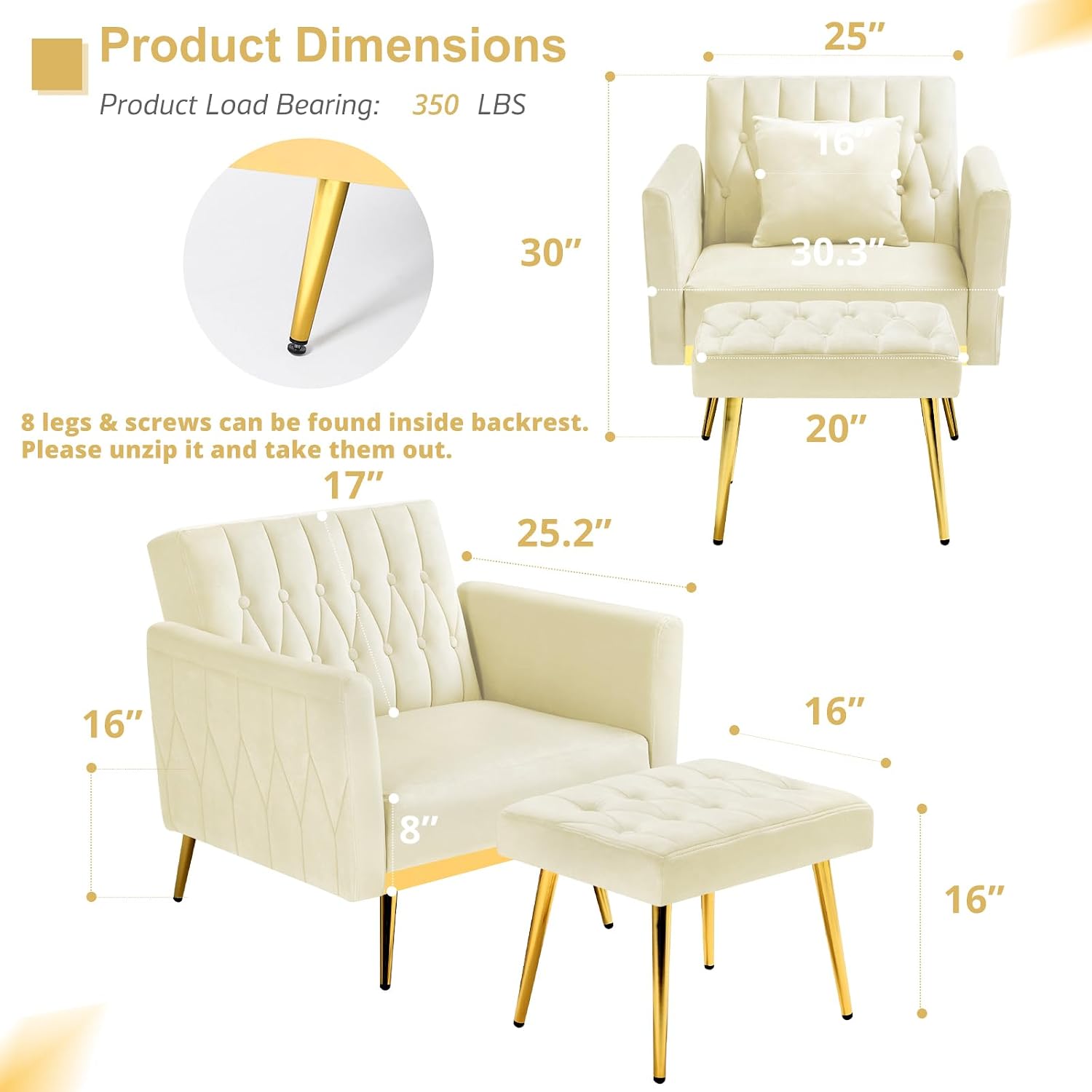 2 Pieces Velvet Sofa Set with Adjustable Armrest and Backrest, 70' Convertible Futon Sofa Bed & Mordern Accent Chair with Ottoman for Living Room, Bedroom, Beige
