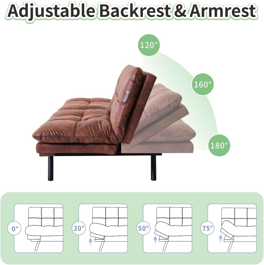 MUUEGM 71' Convertible Futon Sofa Bed, Upholstered Small Futon Couches with Adjustable Backrest, Loveseat Sleeper Bed for Compact Living Room Studio Office (Saddle Brown)