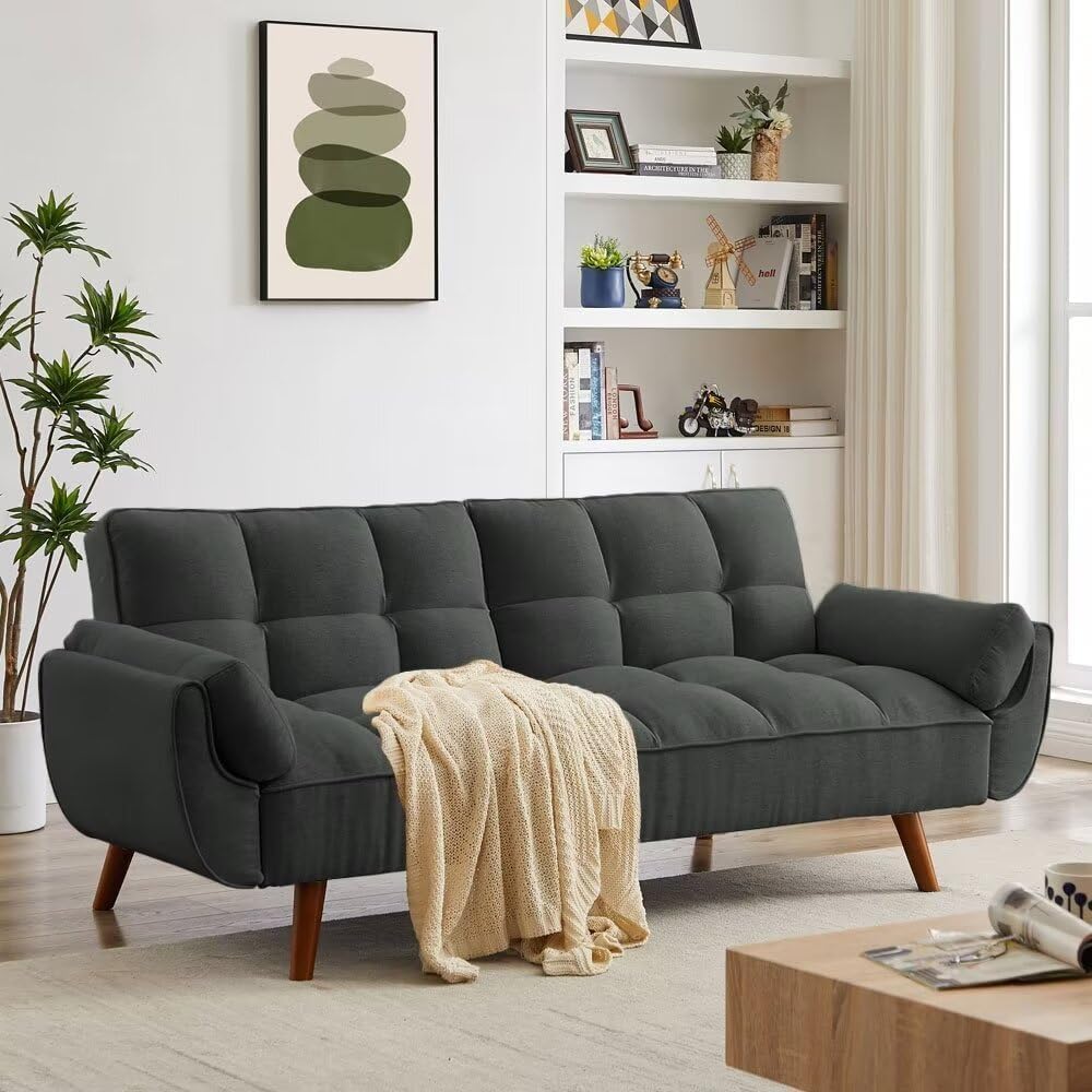Convertible Futon Sofa Bed, Modern Futon Couch with 2 Pillows, Small Futons Couch with Adjustable Armrest & Backrest, Loveseat Sofa Bed for Living Room, Bedroom, Black