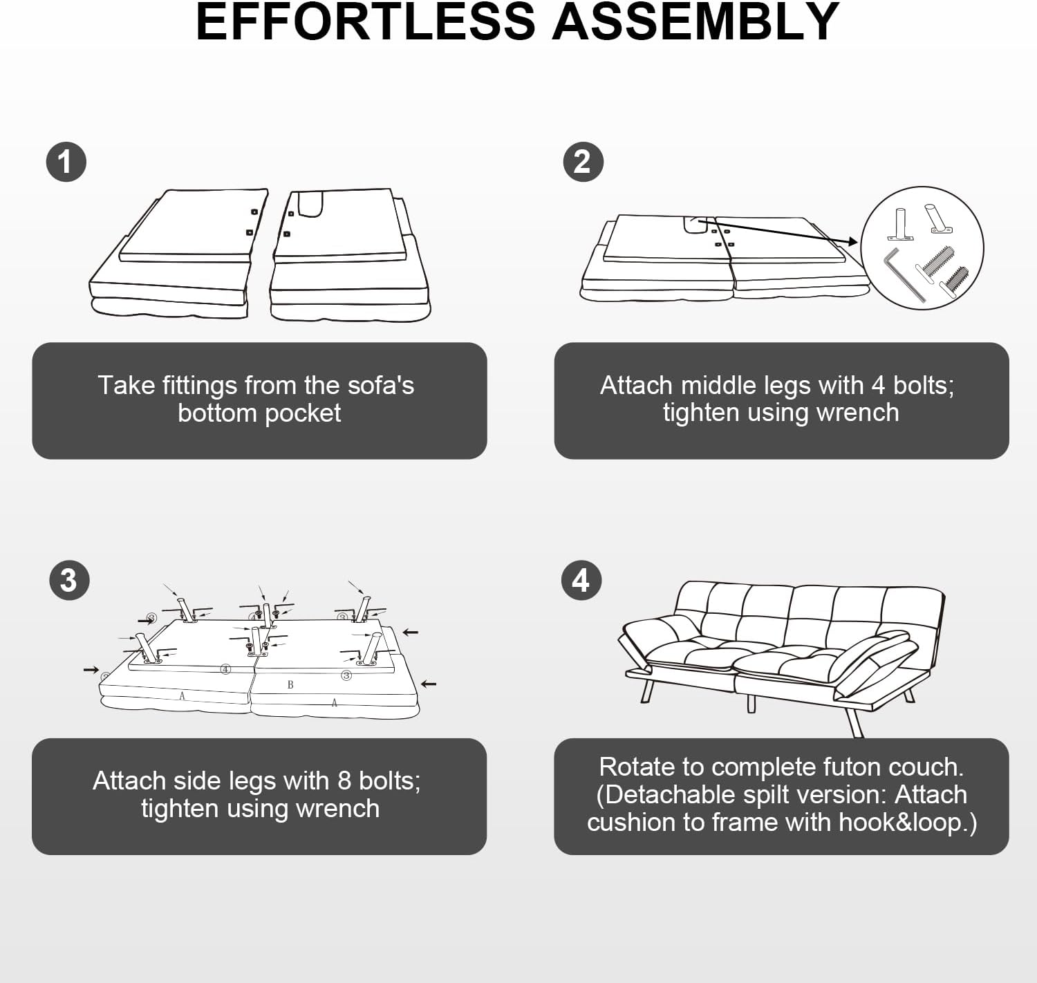 MUUEGM Futon Sofa Bed, 71' Folding Recliner Lounge with Adjustable Backrest & Armrests, Comfy Loveseat Sleeper Couch for Compact Spaces, Faux Leather, Black