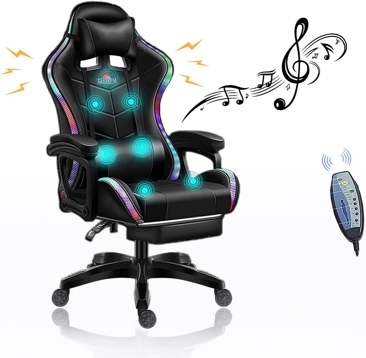 PC Gaming Chair Racing Office Chair Ergonomic Desk Chair with Speakers and LED Lights, E-Sports Computer Chair with Footrest and Lumbar Support, Swivel PU Leather Chair for Adults Teens