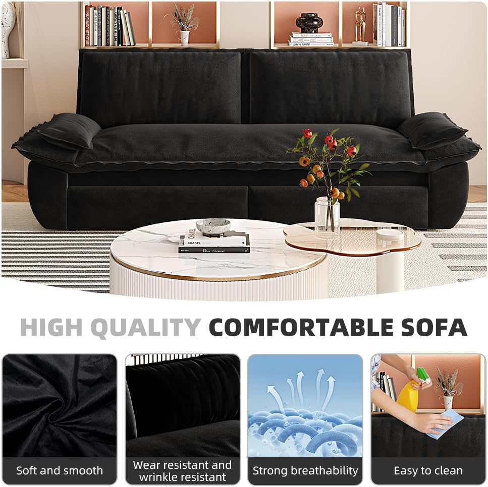 73.2' Sofa Bed Queen, 3-in-1 Pull Out Sofa Bed with Pillow Armrest, Modern Velvet Convertible Sleeper Futon Sofa for Living Room Small Space, Apartment, Bedroom, Black