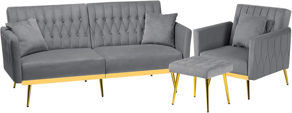 2 Pieces Velvet Sofa Set with Adjustable Armrest and Backrest, 70' Convertible Futon Sofa Bed & Mordern Accent Chair with Ottoman for Living Room, Bedroom, Grey