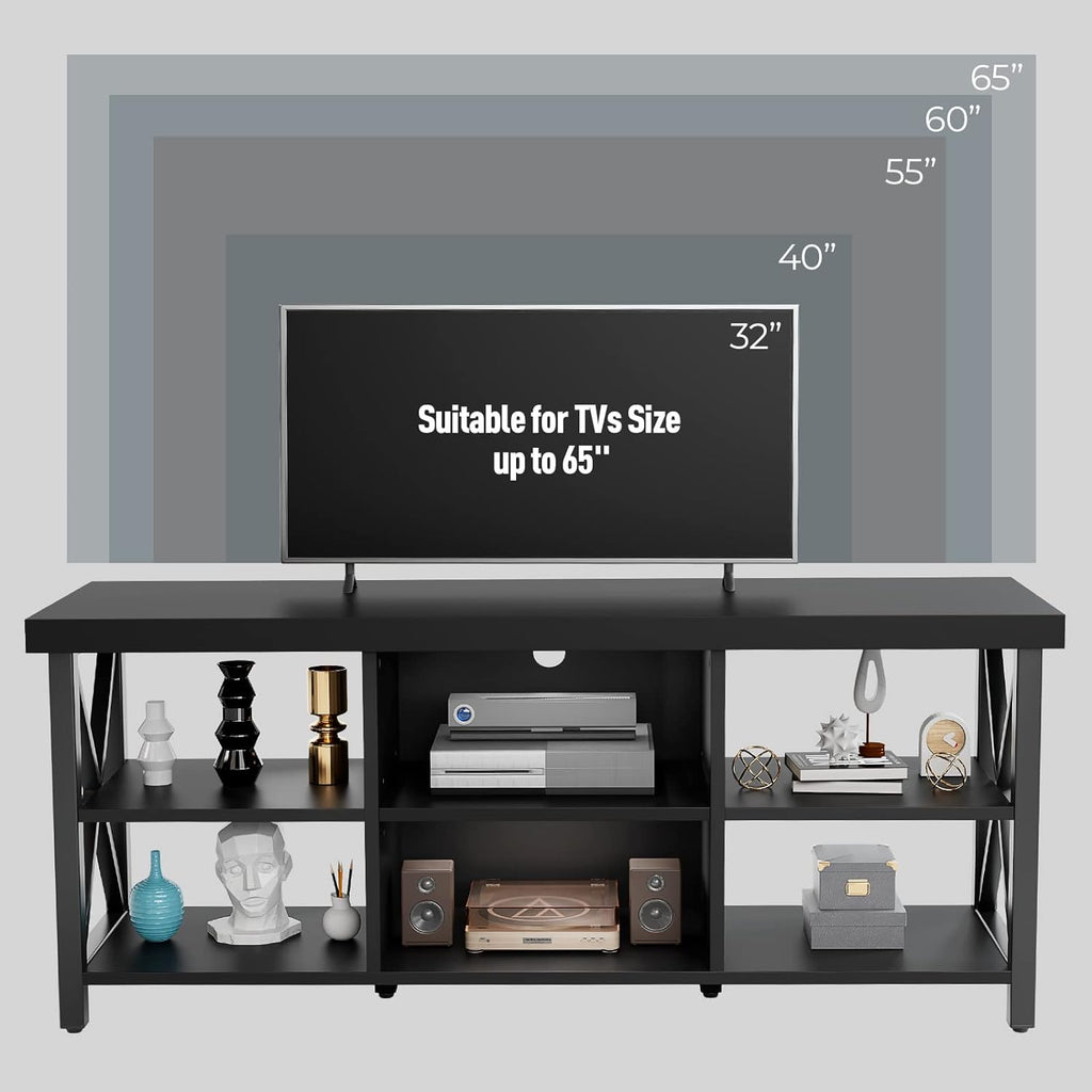 GreenForest TV Stand for TV up to 65 inches, Entertainment Center with 6 Storage Cabinet for Living Room, 55 inch Farmhouse Television Stands Console Table, Industrial TV stands for Living Room, Black