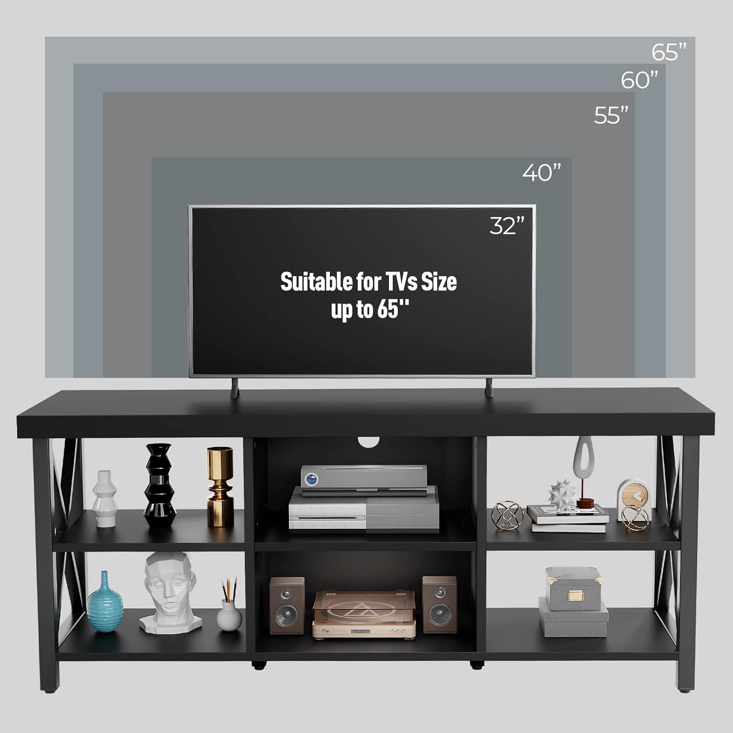 GreenForest TV Stand for TV up to 65 inches, Entertainment Center with 6 Storage Cabinet for Living Room, 55 inch Farmhouse Television Stands Console Table, Industrial TV stands for Living Room, Black