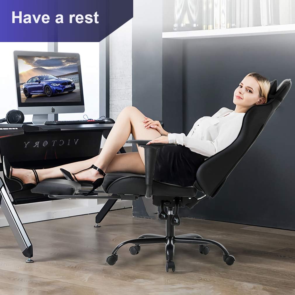 Ergonomic Gaming Chair for Adults, Adjustable High-Back Computer Desk Chair with Lumbar Support and Footrest, Leather Office Chair for Gaming, Big and Tall Comfy Gamer Chair (Black)