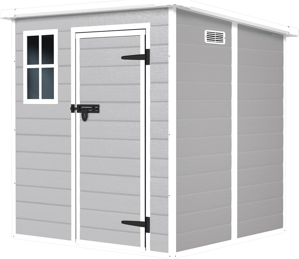6x6 FT Oudoor Storage Shed, Plastic Garden Shed with Floor, Resin Storage Shed with Window, Waterproof Outside Tool Shed with Lockable Hinged Door & Air Vent for Backyard, Patio, Lawn, Gray