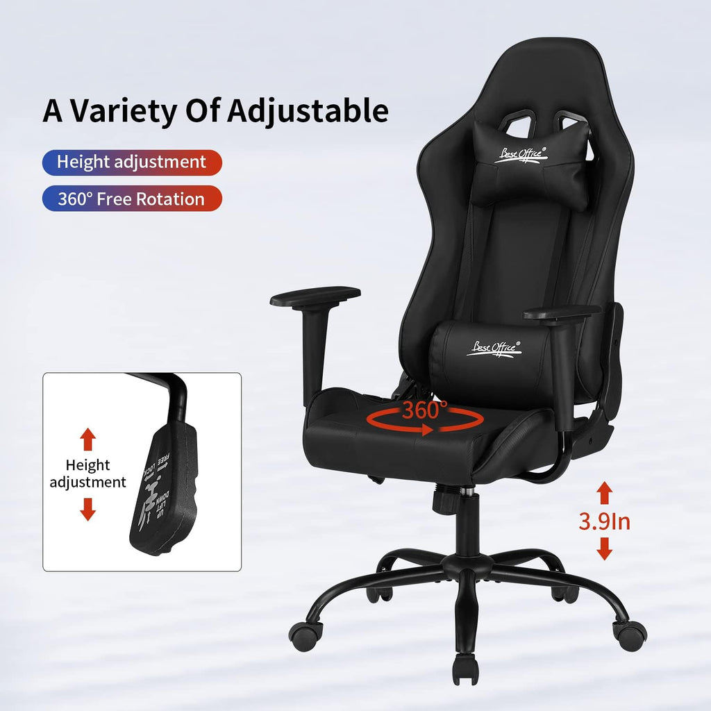 Ergonomic Gaming Chair for Adults with Lumbar Support, High Back Leather Desk Chair, Adjustable Swivel Computer Chair with Footrest and Headrest, Office Chair for Home and Gaming Setup (Black)