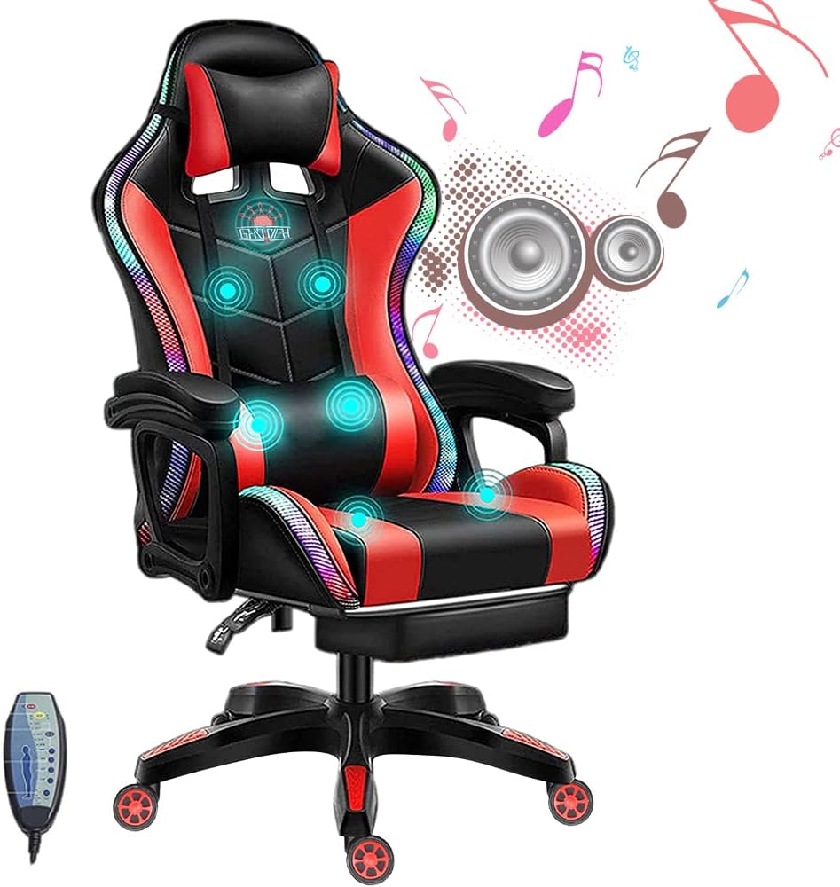 Ergonomic Gaming Chairs for Adults with Speakers and LED Lights Computer Chair with Footrest and Lumbar Support, High Back Video Game Chair for Home, Office,Red