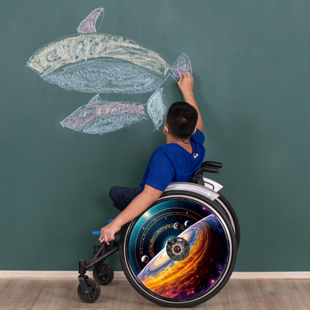 Designer Grad Gift Cover for Wheelchair Wheels, Waterproof wheelcovers, Enhances Aesthetics, Easy Install/Remove, Lightweight, for Adults and Kids (Solar System)