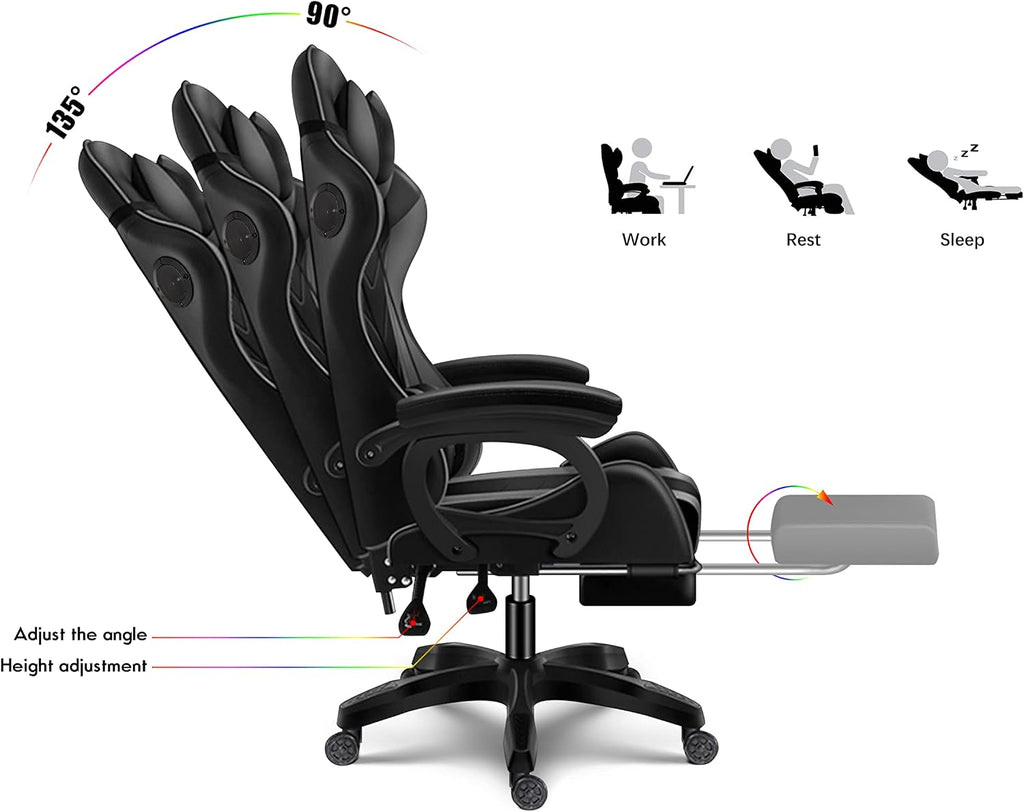 RGB Gaming Chair with Massage and Footrest, Ergonomic Pro Computer Chair with LED Lights and Speakers, High Back Music Video Chair with Lumbar Support and Headrest, for Adult Teens. (Black + Red)