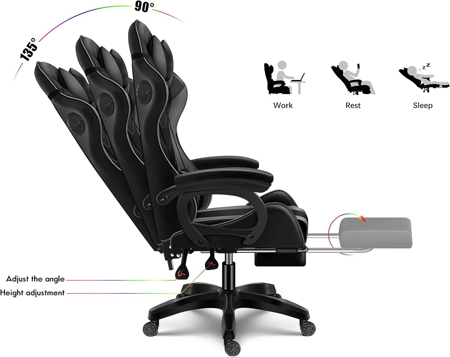 RGB Gaming Chair with Massage and Footrest, Ergonomic Pro Computer Chair with LED Lights and Speakers, High Back Music Video Chair with Lumbar Support and Headrest, for Adult Teens. (Black + Red)
