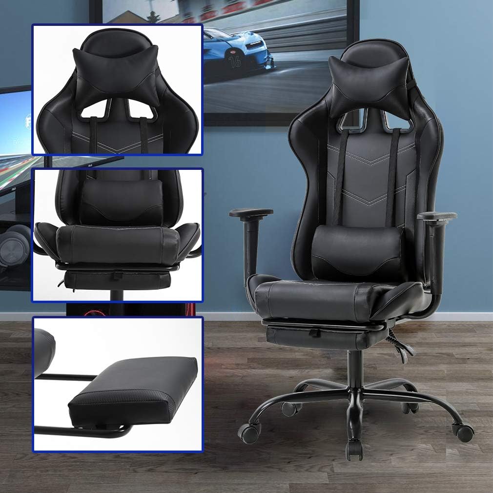 Ergonomic Gaming Chair for Adults, Adjustable High-Back Computer Desk Chair with Lumbar Support and Footrest, Leather Office Chair for Gaming, Big and Tall Comfy Gamer Chair (Black)
