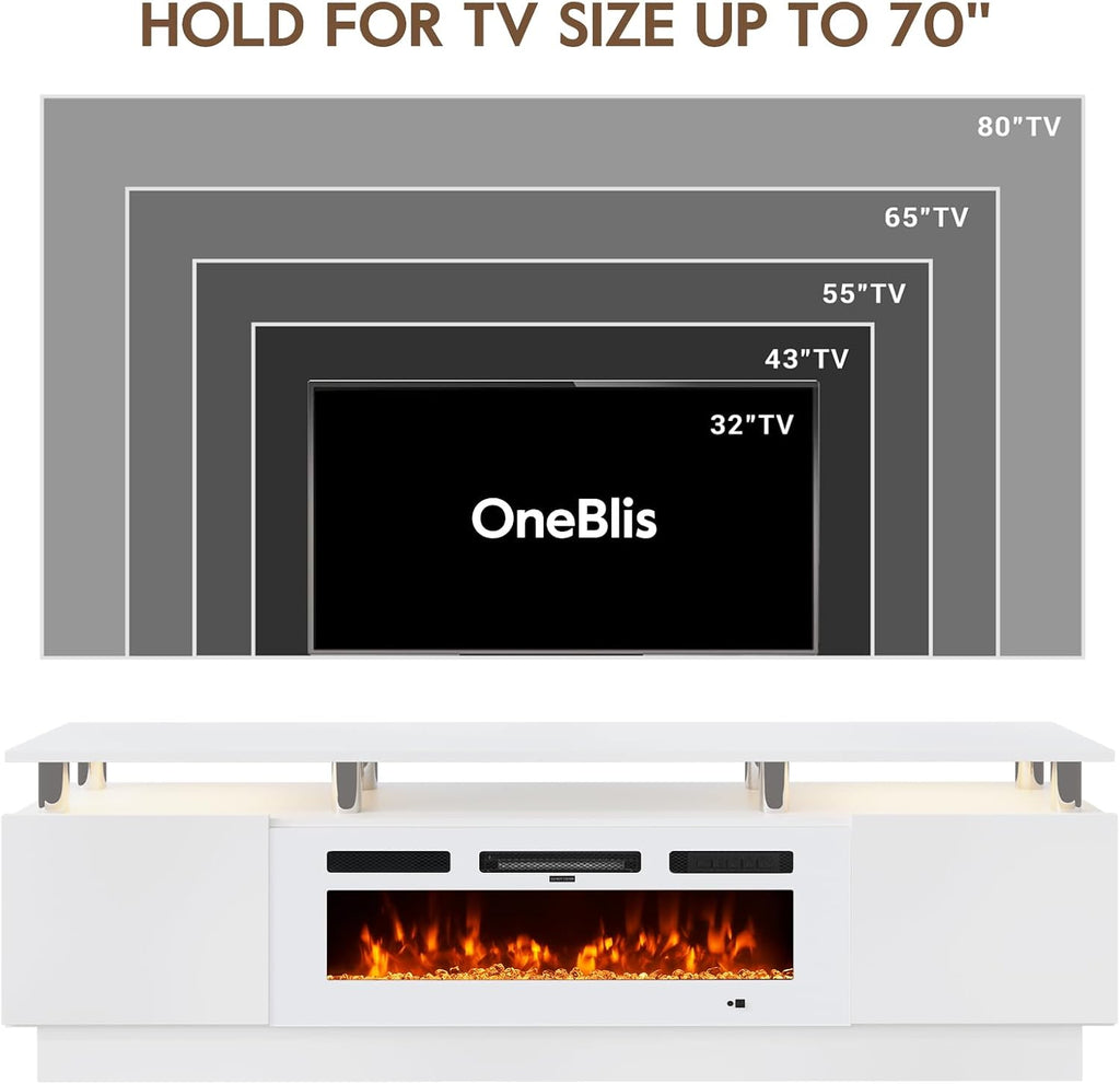 70' TV Stand for Living Room, Entertainment Center & Media Console with Storage, Fits TVs up to 80', Modern TV Cabinet with Shelves, 36' Electric Fireplace (All White)