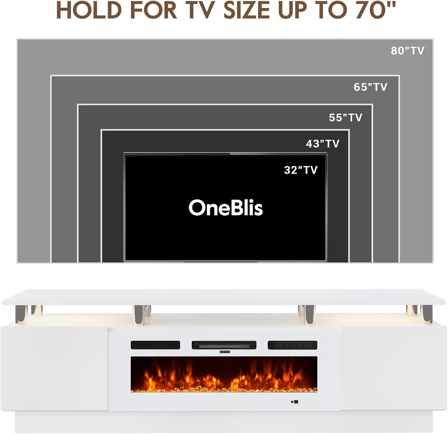 70' TV Stand for Living Room, Entertainment Center & Media Console with Storage, Fits TVs up to 80', Modern TV Cabinet with Shelves, 36' Electric Fireplace (All White)