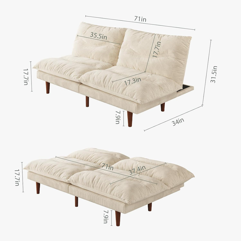 LLappuil Futon Sofa Bed, 69 inch Futon Couch with Adjustable Backrest, Corduroy Convertible Sleeper Sofa Bed, Folding Sleeper Recliner, Loveseat for Apartment, Living Room, Office (Beige)