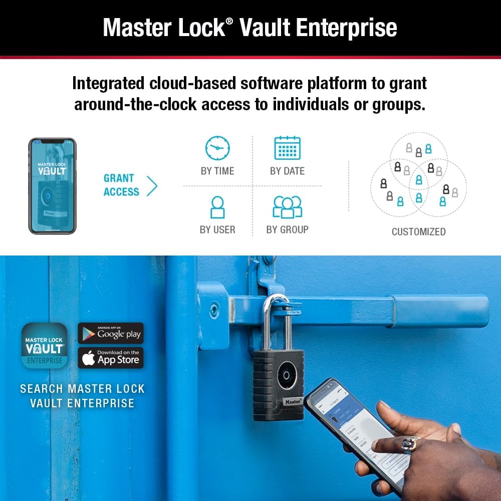 Master Lock Black Outdoor Bluetooth Smart Padlock with Keypad, Smart Locks for Tools, Gates, Sheds, 2-7/32 inches Wide, 4401LHEC