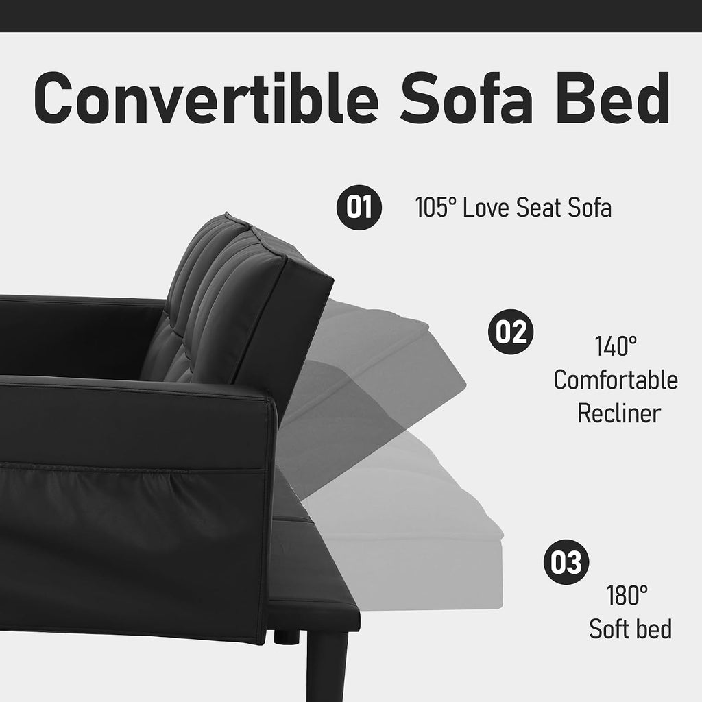 AVAWING Futon Sofa Bed, Modern Leather Convertible Upholstered Sleeper Couch with Adjustable Back, Arms and High Strength Nylon Legs for Living Room, Apartment, Office (Black)