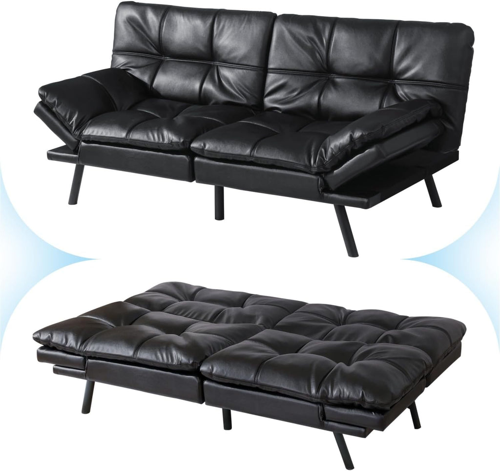 MUUEGM 71' Convertible Futon Sofa Bed, Upholstered Small Futon Couches with Adjustable Backrest, Loveseat Sleeper Bed for Compact Living Room Studio Office (Black)