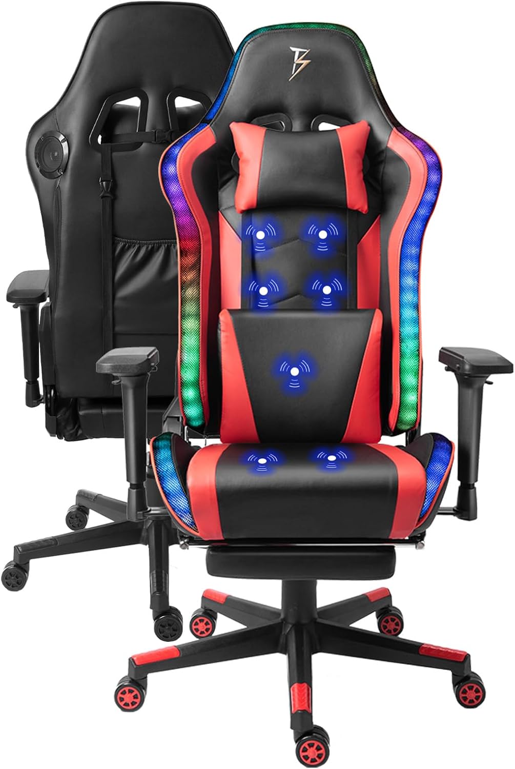 Adult Video Gaming Chair with 7-Point Massage Function and Speakers,Ergonomic Gaming Chair with Footrest and Lumbar Support,PU Leather, 360° Swivel,180° Tilt High Back Office Chair.,Red