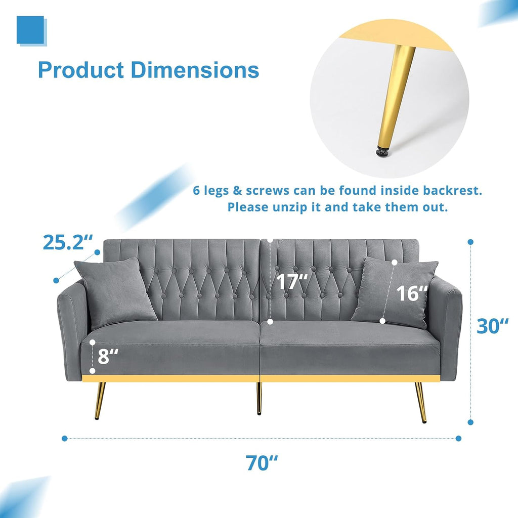 2 Pieces Velvet Sofa Set with Adjustable Armrest and Backrest, 70' Convertible Futon Sofa Bed & Mordern Accent Chair with Ottoman for Living Room, Bedroom, Grey