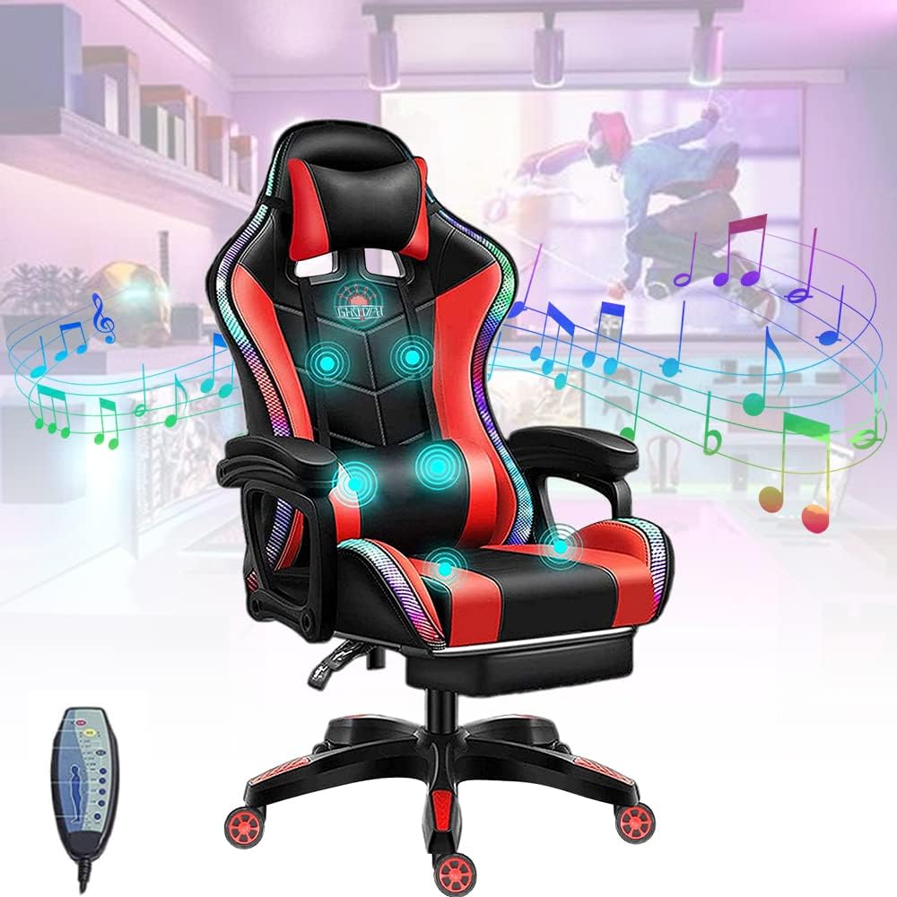 Gaming Chair for Adults & Teens High Back Gamer Chair Ergonomic Massage Racing Chair with Lumbar Support and Headrest Computer Desk Chair with Speakers and LED Lights,Red