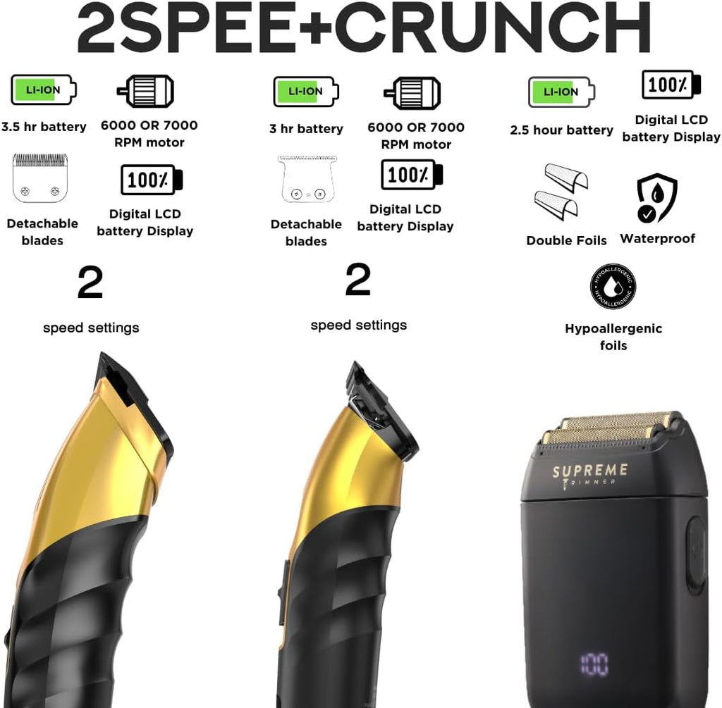 Supreme Trimmer 3-in-1 Barber Bundle | 2Spee Clipper, 2Spee Trimmer & Crunch Foil Shaver | Professional Beard Trimmer Men's Hair Clipper Kit | (Gold)