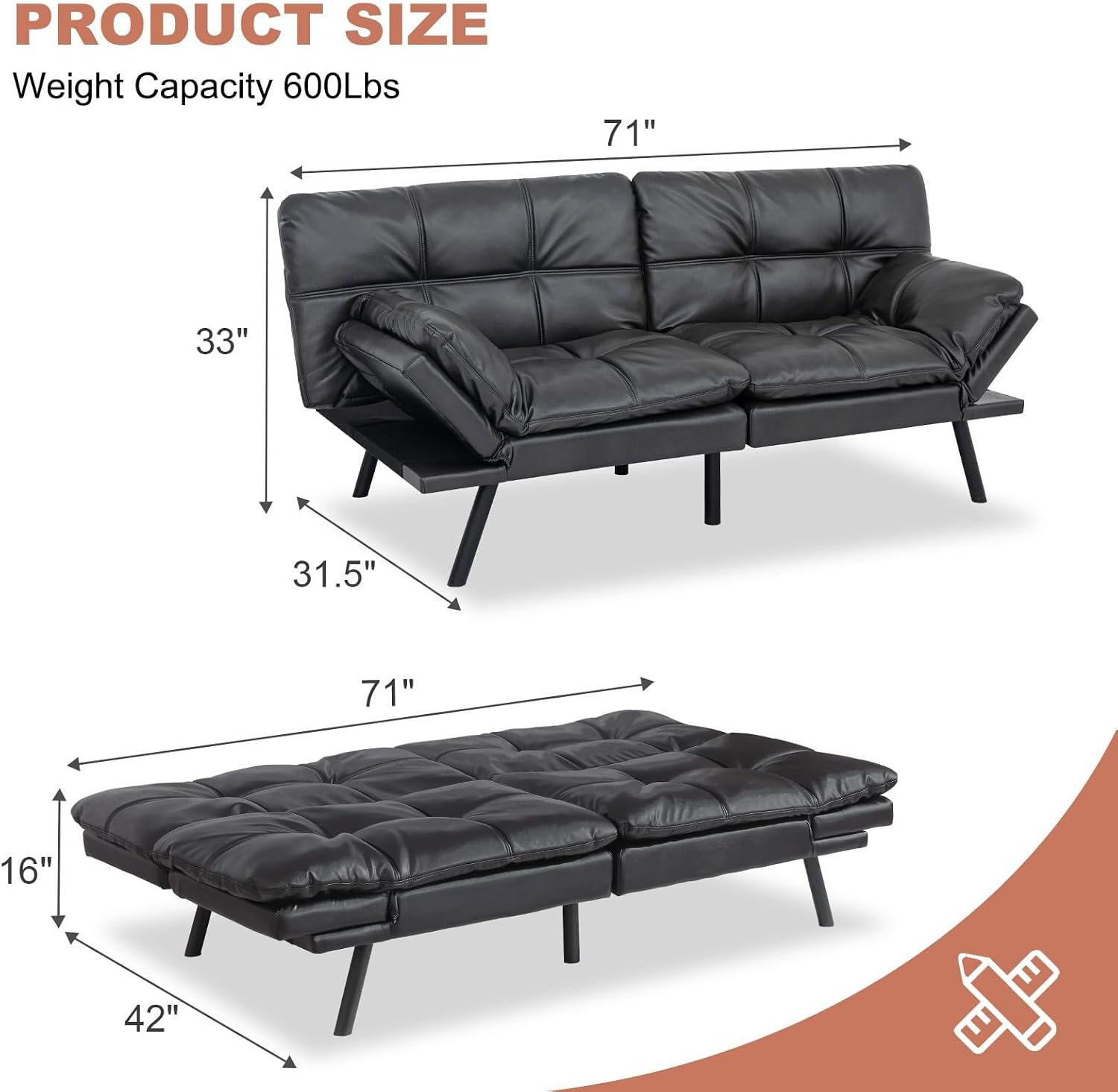 MUUEGM Futon Sofa Bed Couch Convertible Futon Memory Foam Futon Couch Bed Modern Sofa Couch Love Seat Sleeper Sofa for Small Space,Living Room,Office,Adjustable Backrests&Armrests Sofabed,Black
