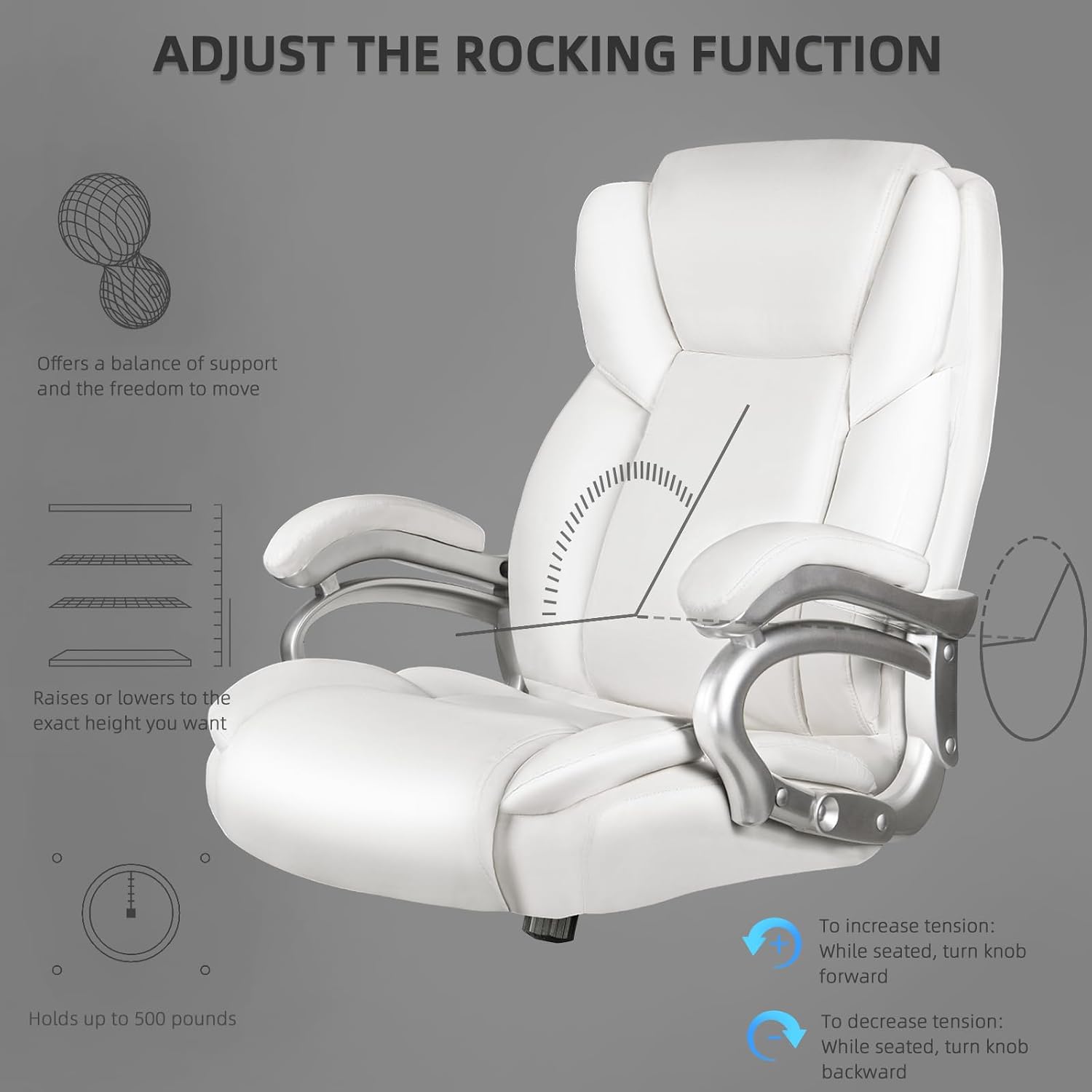 VITESSE 600lbs Heavy Duty Office Chair for Low Back Pain Relief, Big and Tall Office Chair with Ergonomic Lumbar Support, High Back Executive Chair with Quiet Rubber Wheel（White）