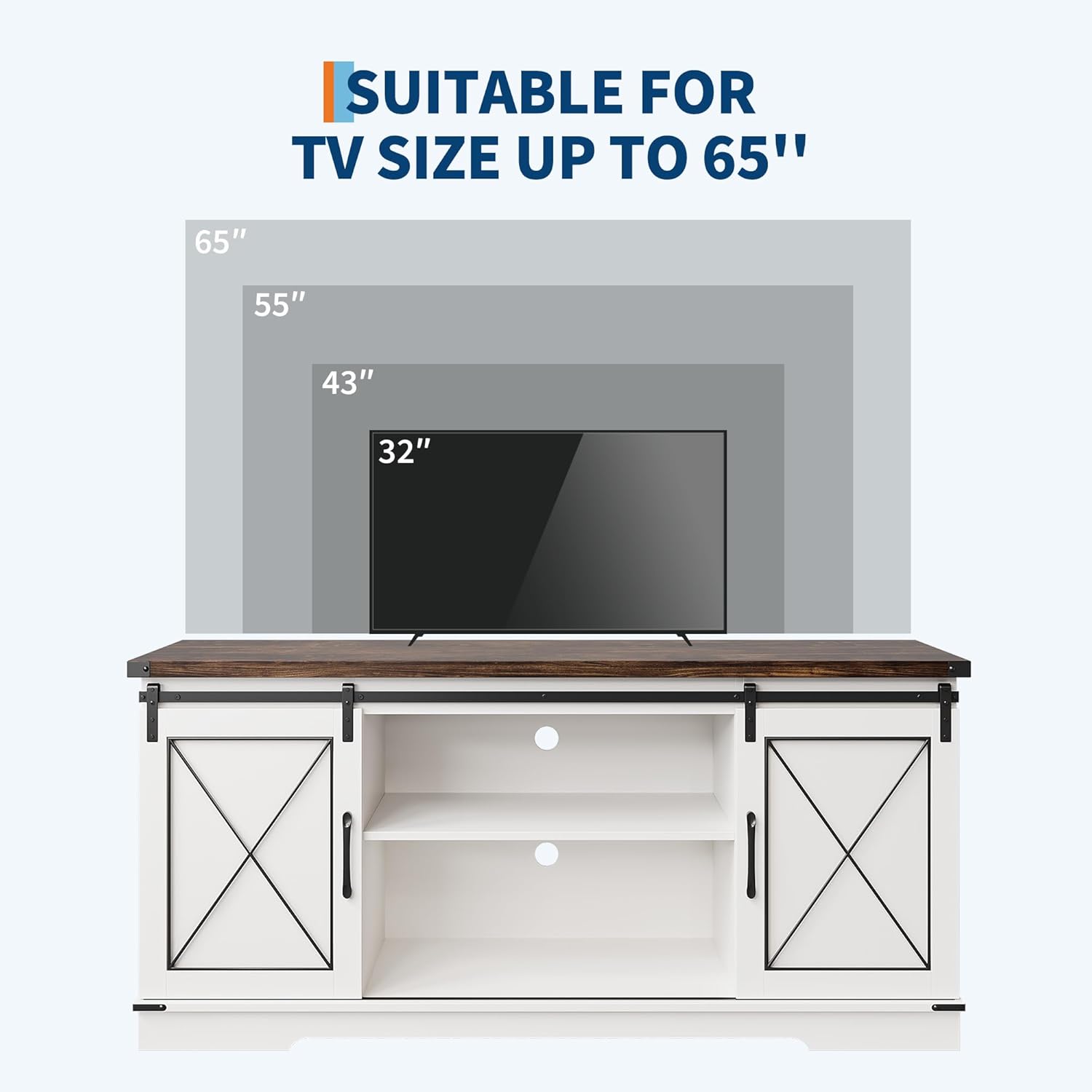 IDEALHOUSE Farmhouse TV Stand and Entertainment Center for Tv up to 65 inches with Sliding Barn Doors, Tv Media Console Table with Storage Cabinet for Living Room, White & Brown