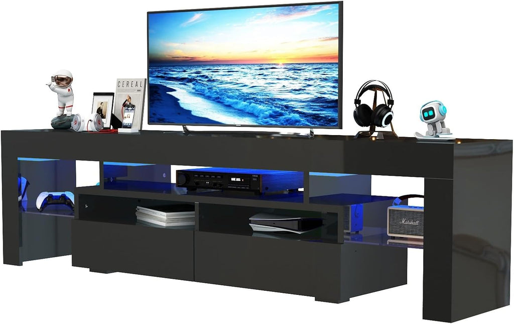 St.Mandyu 70IN LED TV Stand for 65/75/85 inch TV, High Glossy Modern Entertainment Center with Drawer and Led Lights, Television Table Media Console for Living Game Room Bedroom(Black)