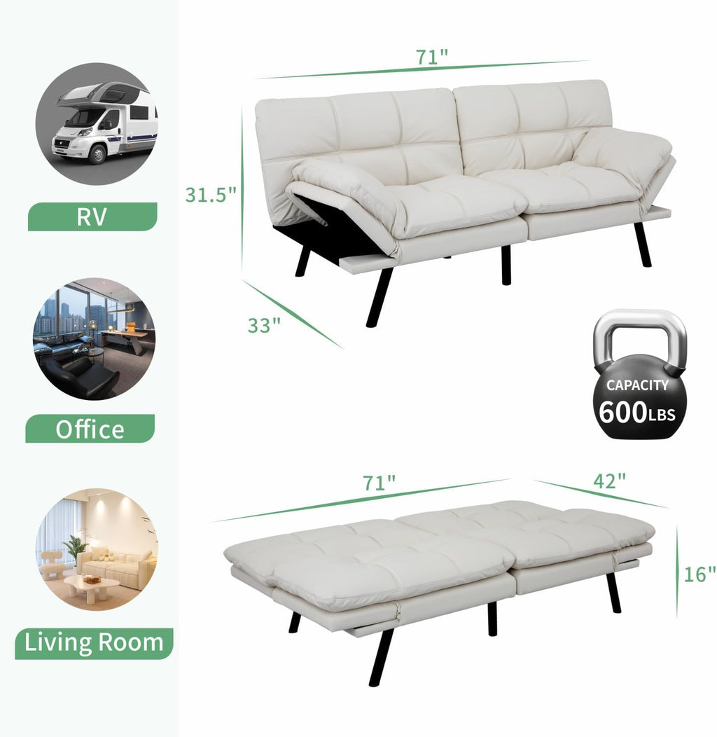MUUEGM 71' Futon Sofa Bed, Convertible Couch Filled with Memory Foam, Modern Loveseat with Adjustable Backrest&Armrest, Sofas for Living Room,Game Room,Dormitory,Office.White Leather