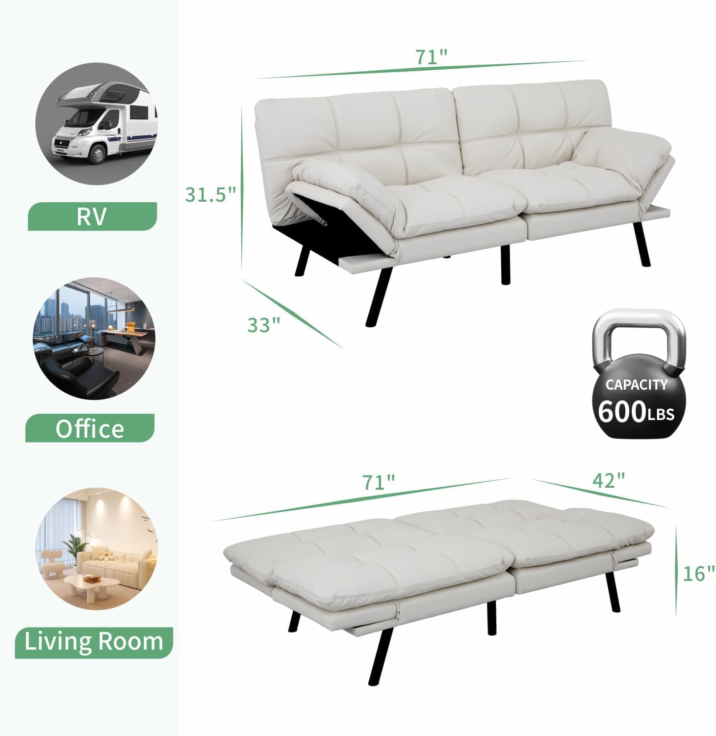 MUUEGM 71' Futon Sofa Bed, Convertible Couch Filled with Memory Foam, Modern Loveseat with Adjustable Backrest&Armrest, Sofas for Living Room,Game Room,Dormitory,Office.White Leather