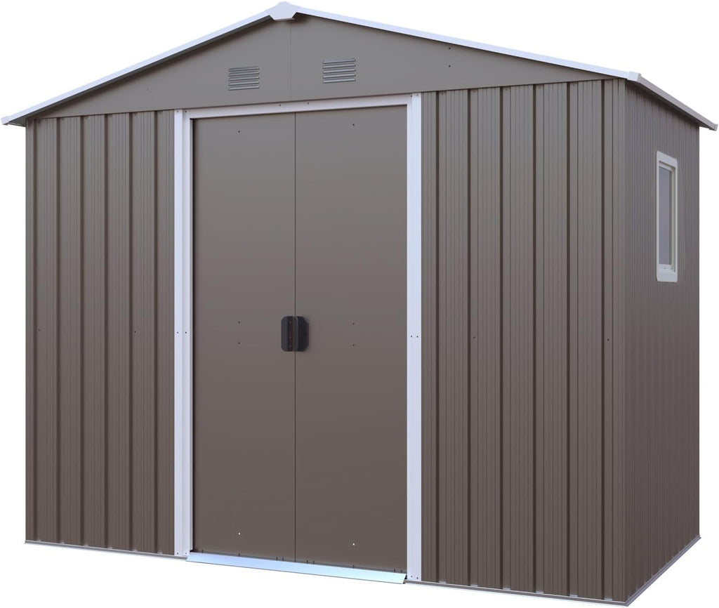 4x8 FT Outdoor Storage Shed, Metal Garden Shed with Frame Floor, Outside Tool Shed with Window, Waterproof Storage Building with Lockable Sliding Doors & Sloped Roof for Backyard, Patio, Warm Gray