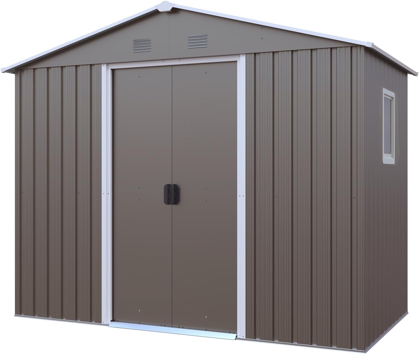 4x8 FT Outdoor Storage Shed, Metal Garden Shed with Frame Floor, Outside Tool Shed with Window, Waterproof Storage Building with Lockable Sliding Doors & Sloped Roof for Backyard, Patio, Warm Gray