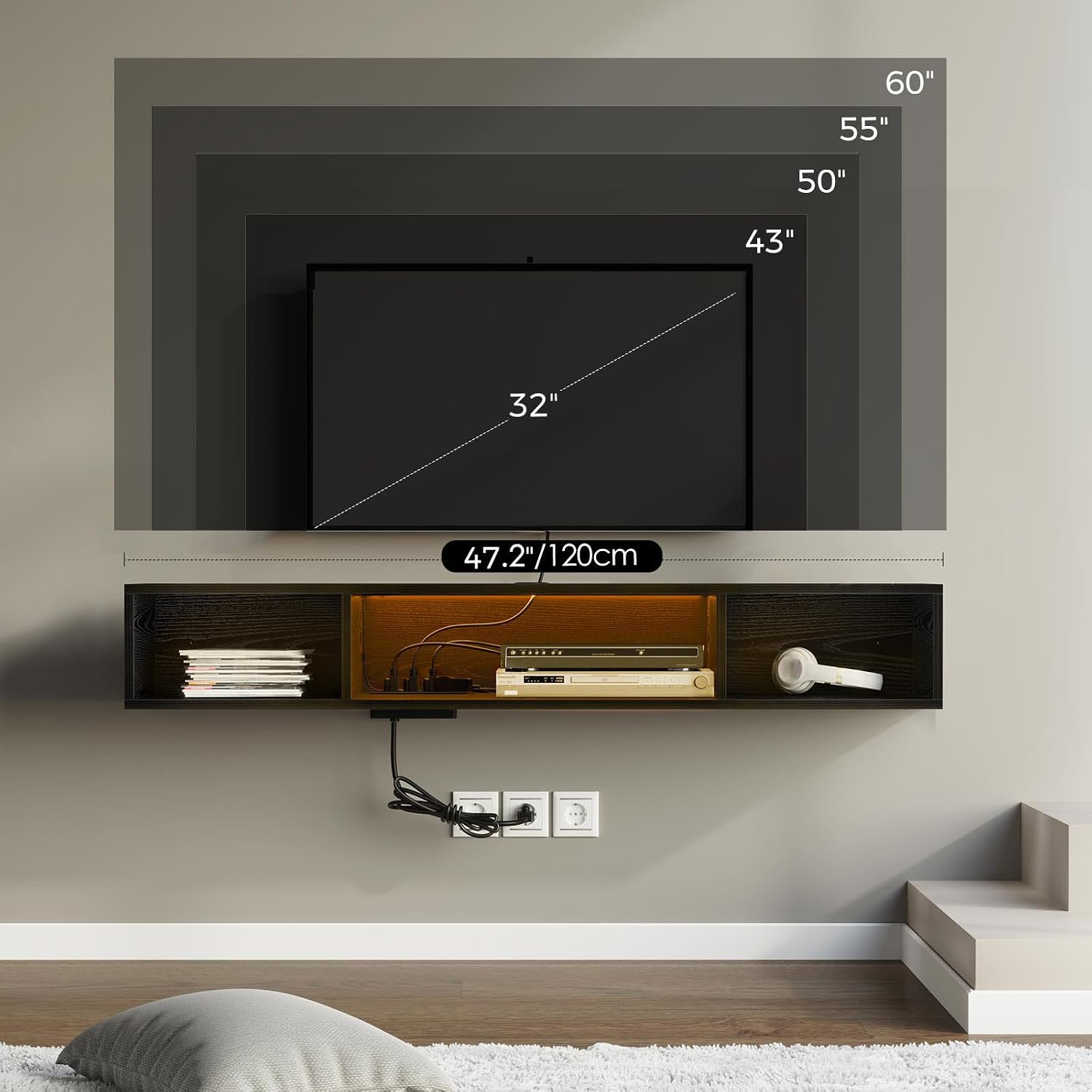 Rolanstar TV Stand with Power Outlet, Floating TV Stand with RGB Lights, 47.2' Wall Mounted TV Shelf, Black Media Console with Storage Shelf, Entertainment Under TV for Living Room, Bedroom