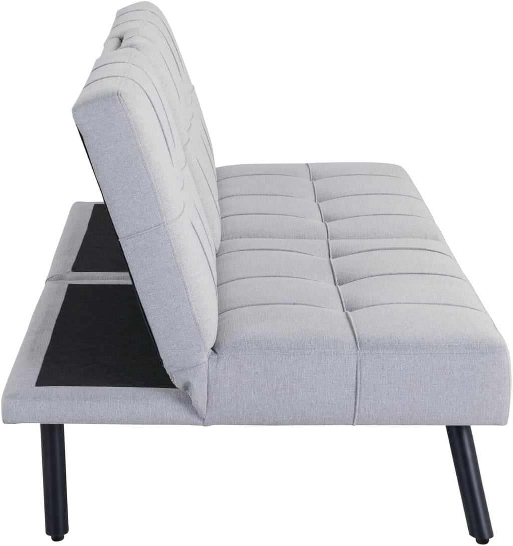 Serta Larken 65' Convertible Futon Sofa, Short Twin Size, Modern, Center Console w/Cup Holders, Dream Coil Comfort, Fingerguard Pinch Point Protection, Soft Woven Polyester Fabric, Light Gray
