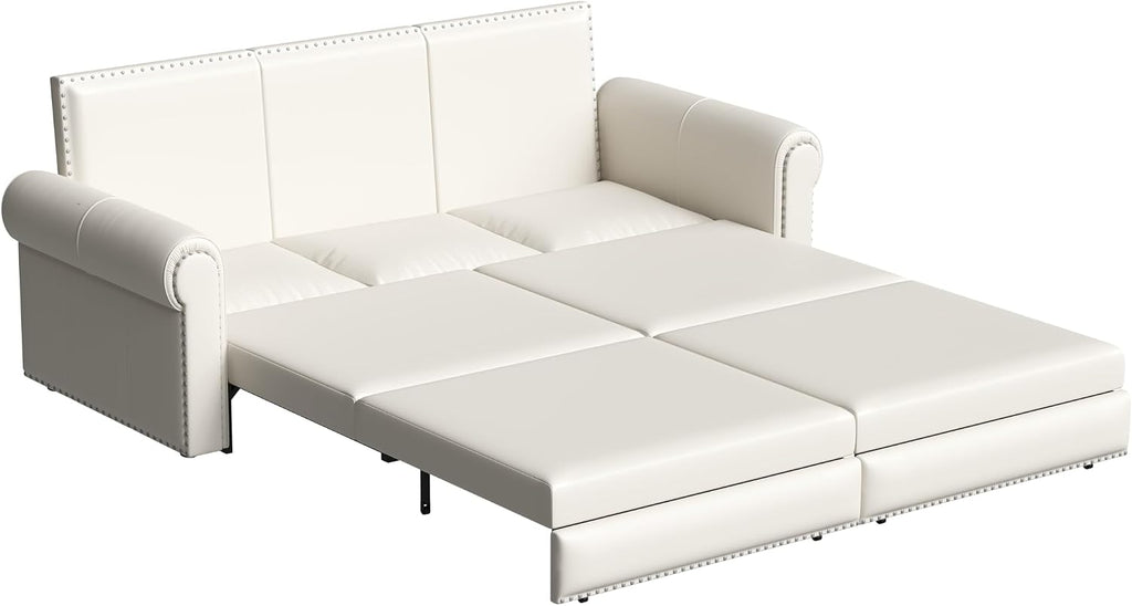 93.7' King Pull Out Sofa Bed, Faux Leather Sleeper Sofa Couch, 3 in 1 Convertible Futon Couches for Living Room, Small Space, Apartment, Office, Bedroom, Modern Rivet Armrest, Cream White