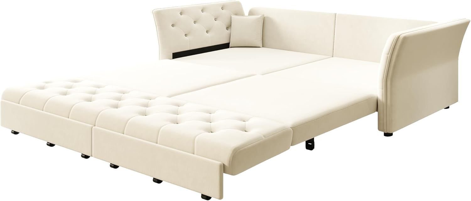 74.4'' Sleeper Sofa Bed Queen Size, Flower Tufting Pull Out Couch, Velvet Chesterfield Futon Couches, Comfy Convertible Sofa, Modern Loveseat, 2 Pillows for Living Room, Apartment, Beige